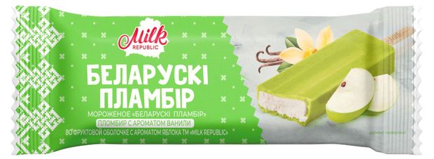 

Мороженое Milk republic Беларуский пломбир с ароматом ванили в оболочке из фруктового льда яблоко 70 г