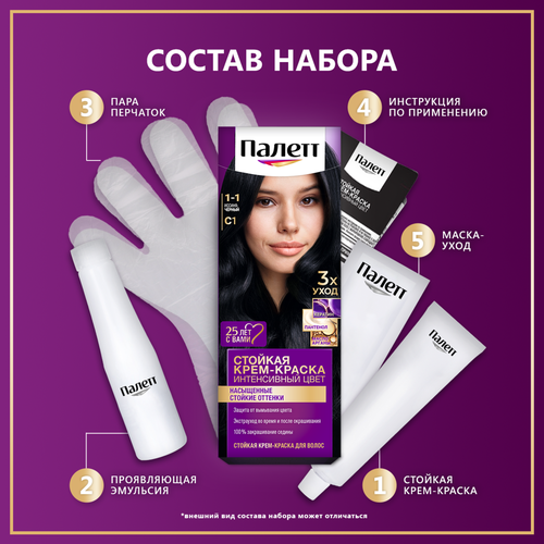 

Стойкая крем-краска для волос Палетт Интенсивный цвет 1-1 (C1) Иссиня-черный 110 мл