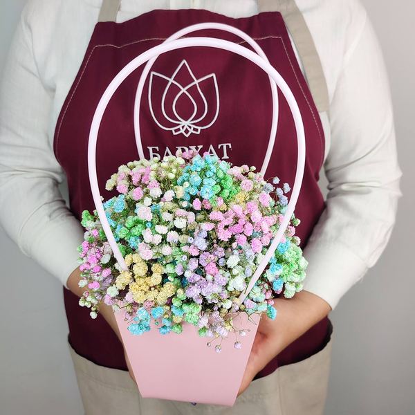 Букет из цветов, монобукет из гипсофилы Радуга в розовой сумочке 