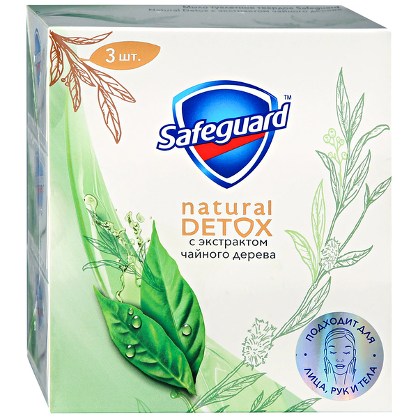 Туалетное мыло SAFEGUARD Natural detox антибактериальное с экстрактом чайного дерева, 3x110г