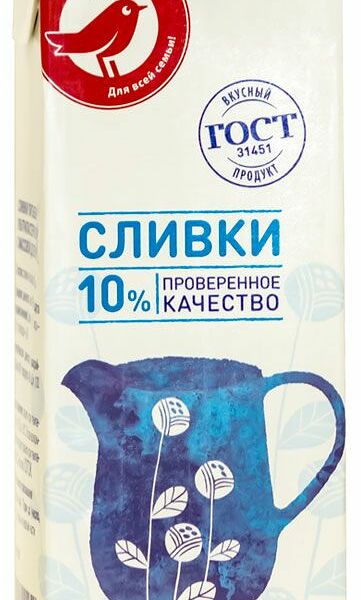 Сливки питьевые АШАН Красная птица ультрапастеризованные 10%, 1л