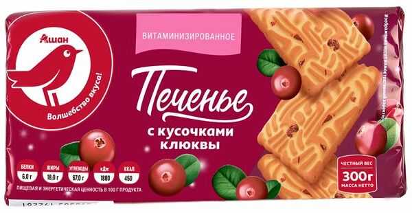 Печенье сахарное Ашан Красная птица с клюквой, 300 г