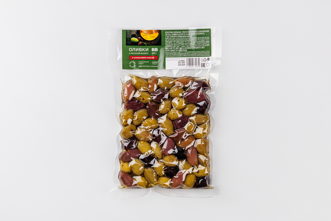 

Ассорти оливок ВкусВилл с косточкой в оливковом масле (без уксуса)