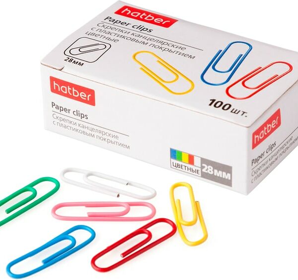 Скрепки Hatber цветные круглые 28мм 100шт