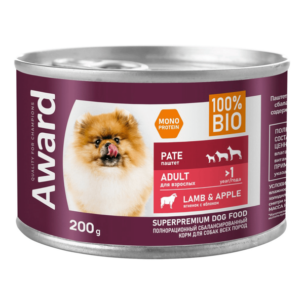Влажный корм Award для взрослых собак паштет из ягненка с яблоком 200 г