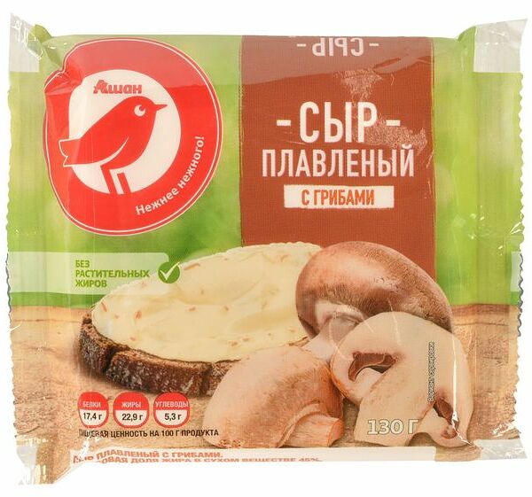 Сыр плавленый АШАН Красная птица сливочный с грибами слайс 45%