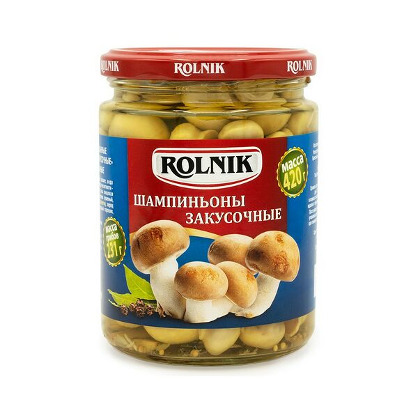Шампиньоны маринованные Закусочные 420г Rolnik