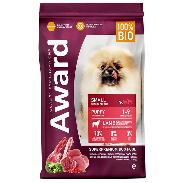 Сухой корм Award для щенков мелких и миниатюрных пород от 1 месяца, беременных и кормящих сук, с ягненком, индейкой, брокколи и брусникой 1.5 кг