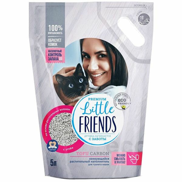 Наполнитель для кошачьего туалета Little Friends комкующийся растительный Tofu Carbon 5 л, 2.5 кг