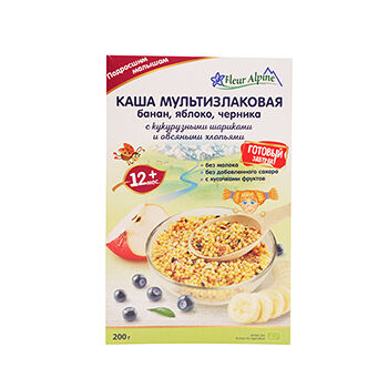Каша мультизлаковая Fleur Alpine Банан, яблоко, черника с кукурузными шариками и овсяными хлопьями, с 12 месяцев