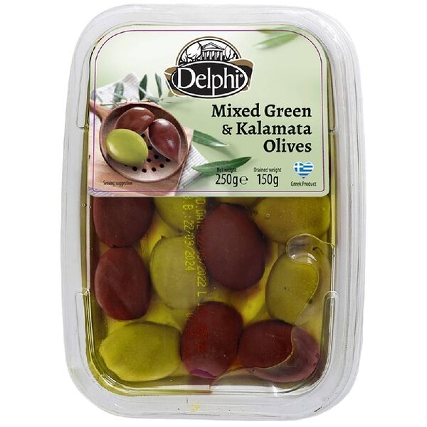 Оливки Delphi микс зелёные и каламата с косточкой в рассоле 250г