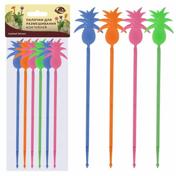 Палочки для размешивания коктейлей MultiDom Ананас многоразовые, 6 шт