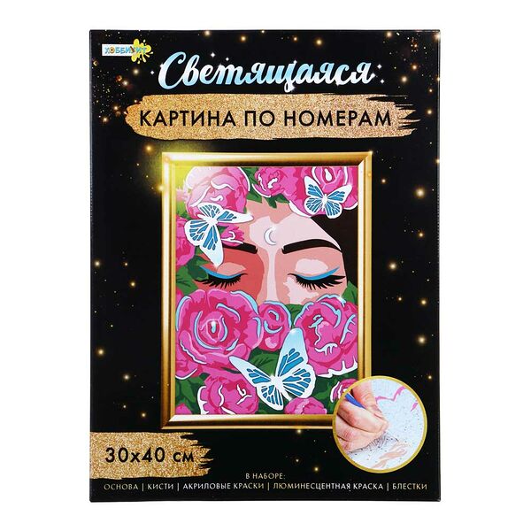 Хоббихит картина по номерам (основа, акрил. краски, кисть люмин. крас, блестки) 30х40см, 6 дизайнов