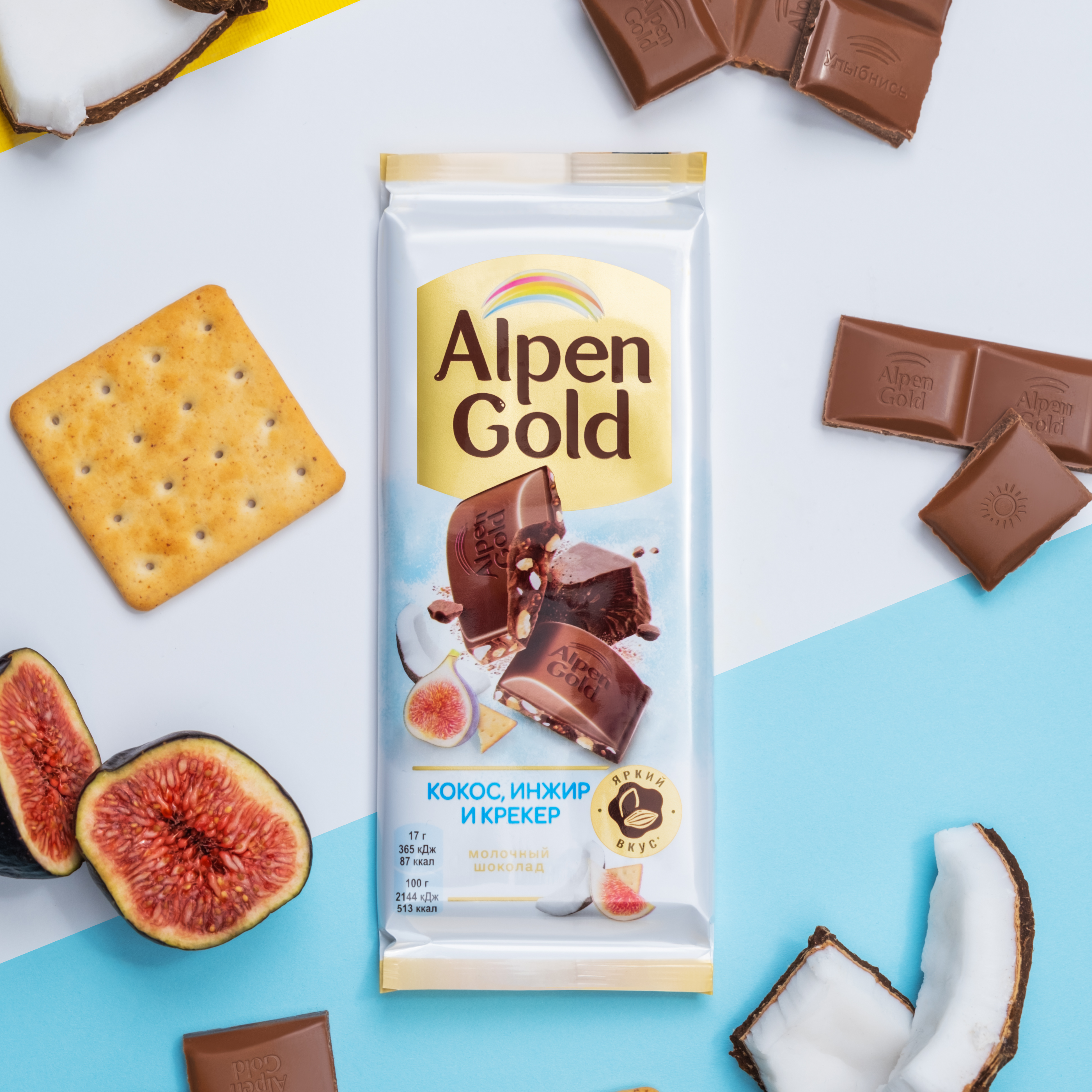 

Шоколад молочный Alpen Gold с сушеным инжиром, кокосовой стружкой и соленым крекером 85 г