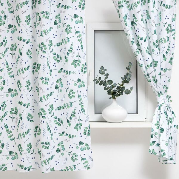 Штора для кухни Доляна Eucalyptus, 2 шт, 150х180 см, с подхватами, рогожка, белый/зелёный
