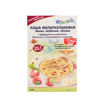 Каша мультизлаковая Fleur Alpine Банан, клубника, яблоко с кукурузными шариками, овсяными и спельтовыми хлопьями, с 15 месяцев
