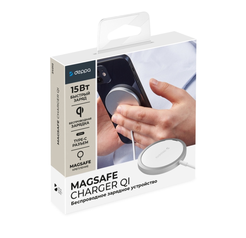 

Беспроводное ЗУ Deppa MagSafe, Qi 15W, серебро, Китай