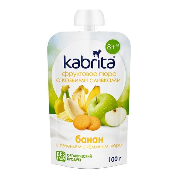 Пюре фруктовое Kabrita с козьими сливками Банан с печеньем и яблочным пюре, с 8 месяцев
