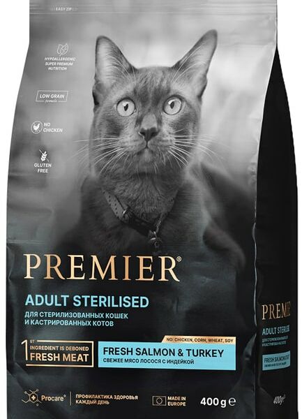 Сухой корм для кошек Premier Cat Salmon&Turkey Sterilised Свежее филе лосося с индейкой 400г