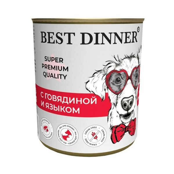 Корм для щенков и собак BEST DINNER Super Premium Мясные деликатесы с 6 мес.,говяд.с язык.банка 340г (упаковка - 12 шт)