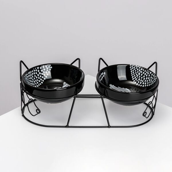 Набор из 2-х керамических мисок на подставке для кошек и собак, 2 шт. по 245 мл, черный