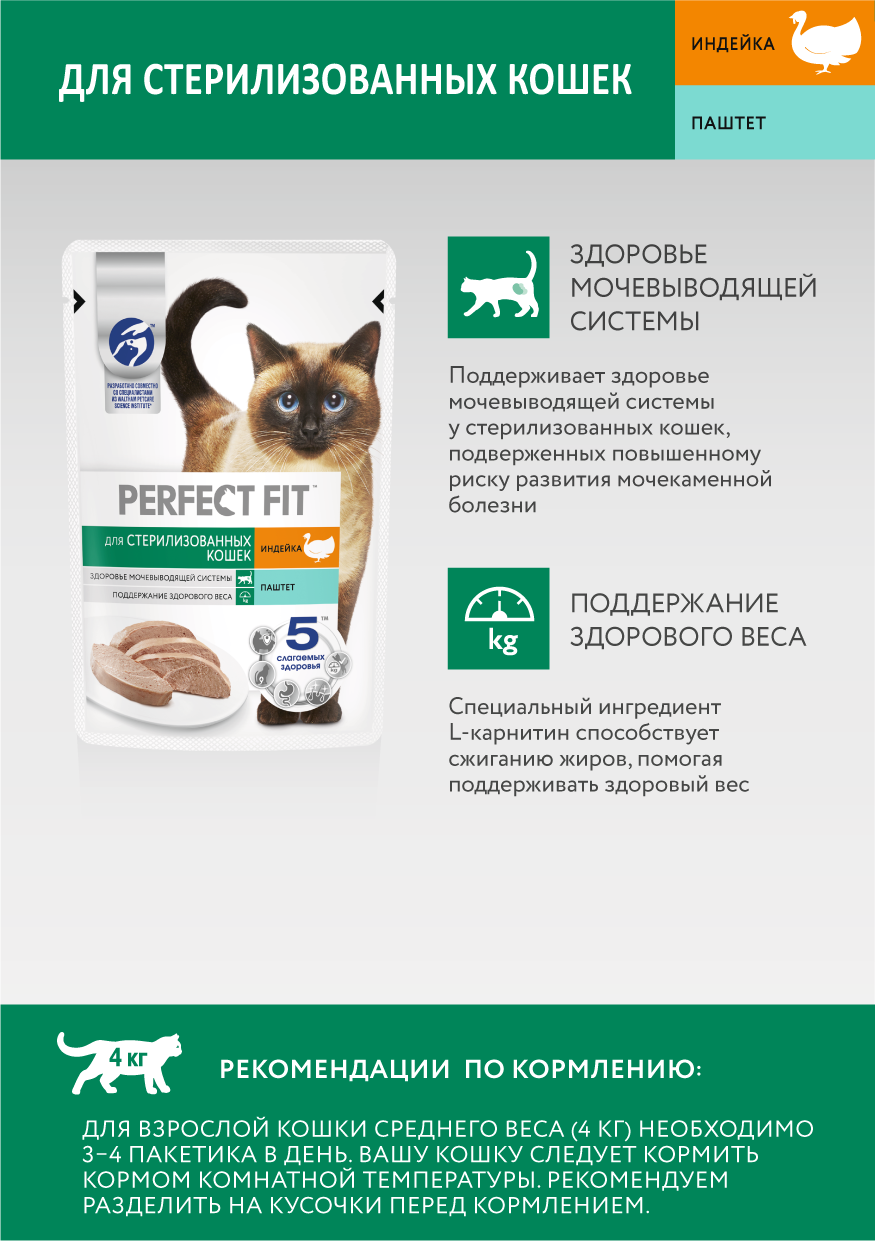 

Влажный корм Perfect Fit Sterile для стерилизованных кошек паштет с индейкой 75 г