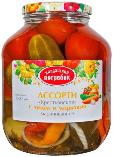 

Ассорти маринованное ВАЛДАЙСКИЙ ПОГРЕБОК Крестьянское с луком и морковью, 1.5л