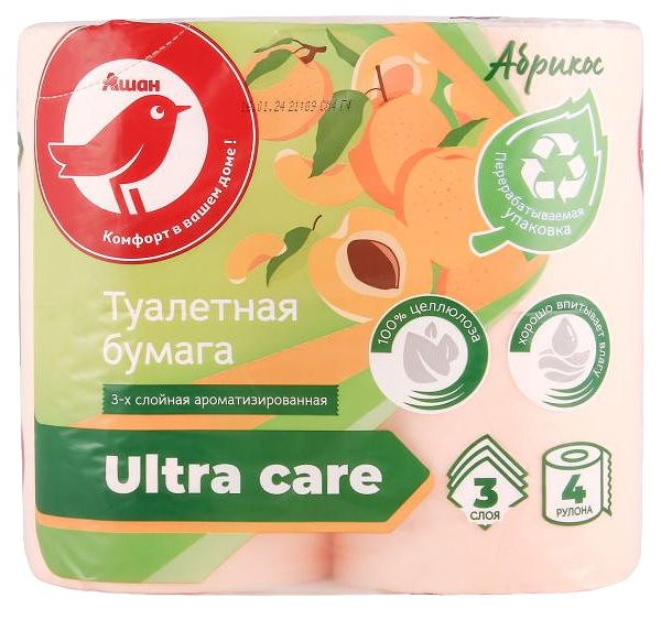 Туалетная бумага Ашан Красная птица Абрикос 3 слоя, 4 рулона