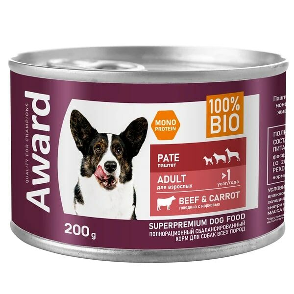 Влажный корм Award для взрослых собак, паштет из говядины с морковью 200 г