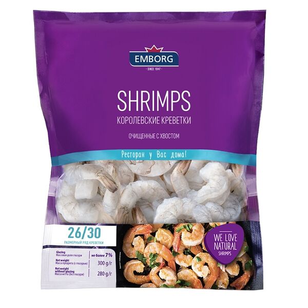 Креветки Delight свежемороженые очищенные с хвостом 26/30