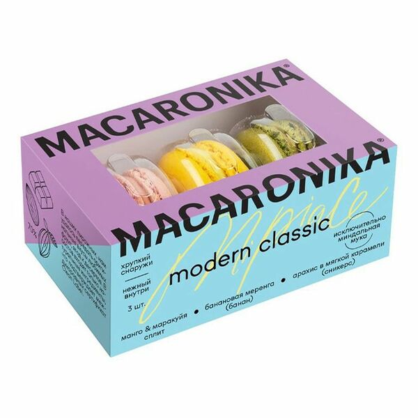 Пирожное Macaronika Макарон манго-маракуйя-банановая меренга-арахис в мягкой карамели