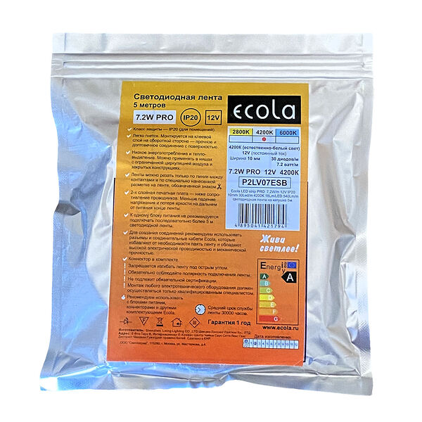 Лента cветодиодная Ecola LED strip PRO, 7.2 Вт/м, 12 В, 4200К, 30 Led/м, IP20, 5 м