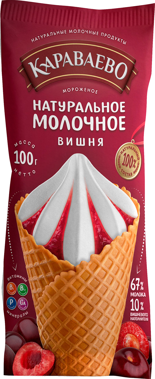 

Мороженое Караваево молочное вишня вафельный рожок в глазури темный шоколад 100 г