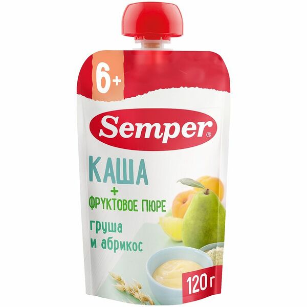 Пюре Semper Груша и абрикос с кашей с 6 месяцев, 120г