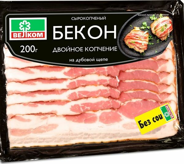 Бекон сырокопчёный Велком двойное копчение на дубовой щепе