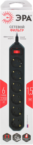 

Сетевой фильтр ЭРА USF-6es-5m-B с базовой защитой, с заземлением, с выключателем, 6 розеток, 5м, 10А, черный Арт. Б0037265