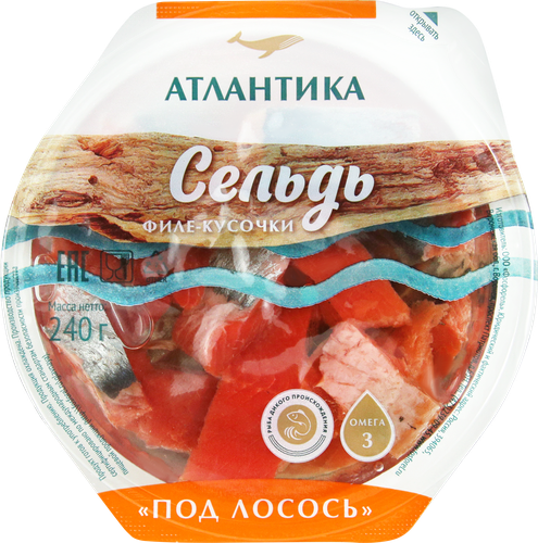 

Сельдь атлантическо-скандинавская Атлантика Под лосось филе-кусочки в масле 240 г