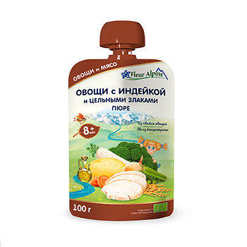 Пюре Fleur Alpine овощи с индейкой и цельными злаками с 8 месяцев БИО 100г, Испания