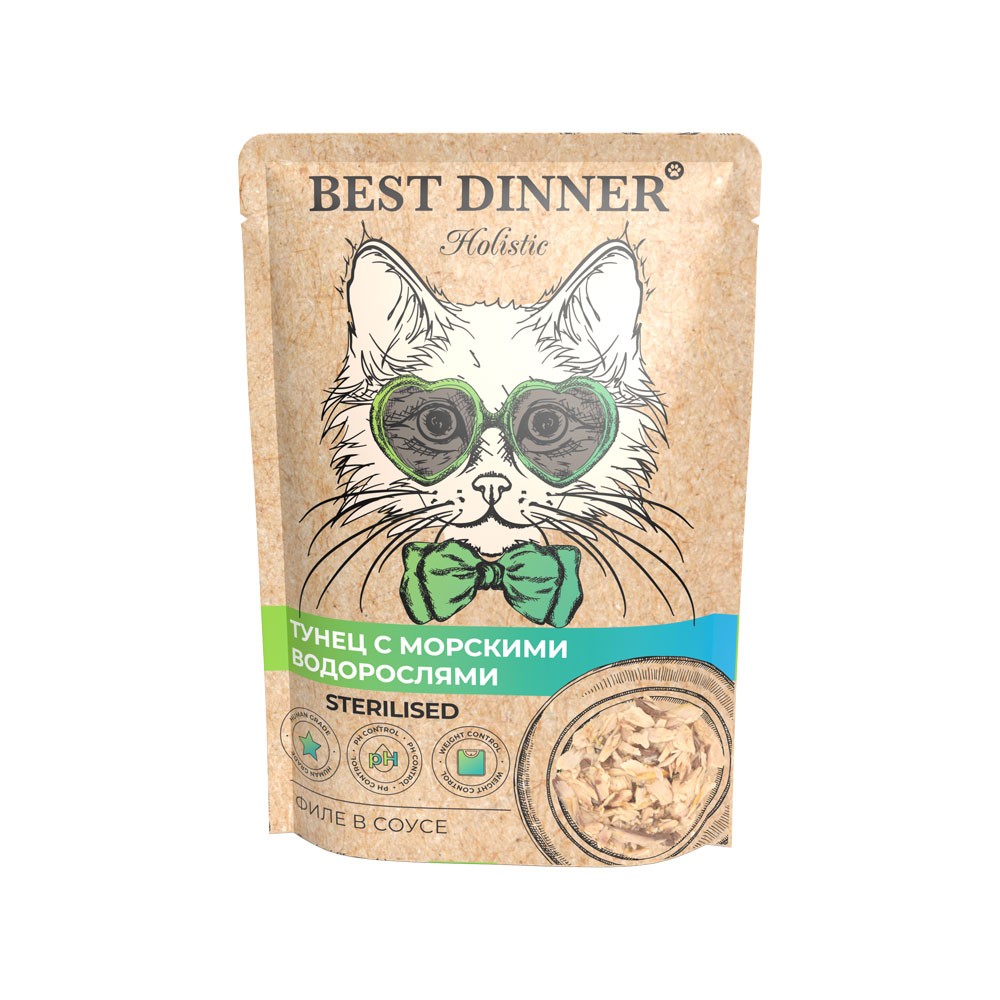 

Влажный корм для кошек Best Dinner Holistic Sterilised для стерилизованных тунец и водоросли в соусе 70 г