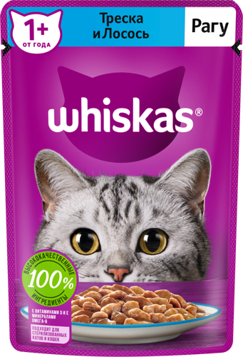 

Влажный корм для кошек Whiskas полнорационный рагу с треской и лососем 75 г