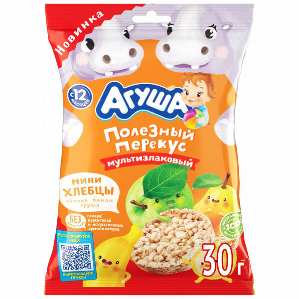 Хлебцы Агуша Полезный перекус мультизлаковые, яблоко, банан и груша, с 12 месяцев
