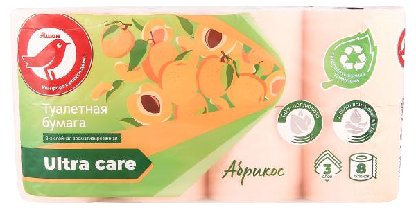 Туалетная бумага Ашан Красная птица Абрикос 3 слоя, 8 рулонов