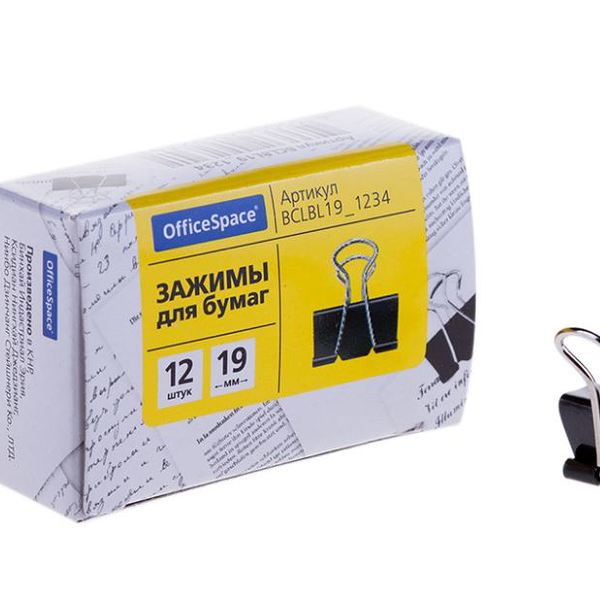 Зажимы для бумаг 19мм officespace 12шт черные bclbl19_1234