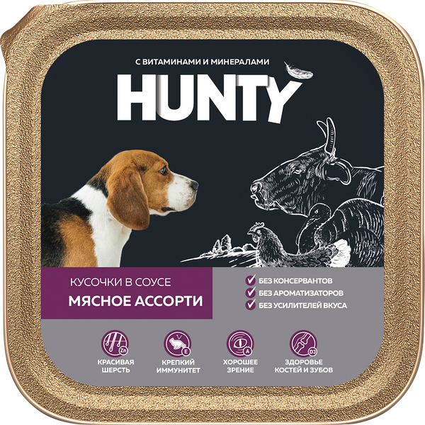 Корм консервированный для взрослых собак HUNTY Мясное ассорти кусочки в соусе