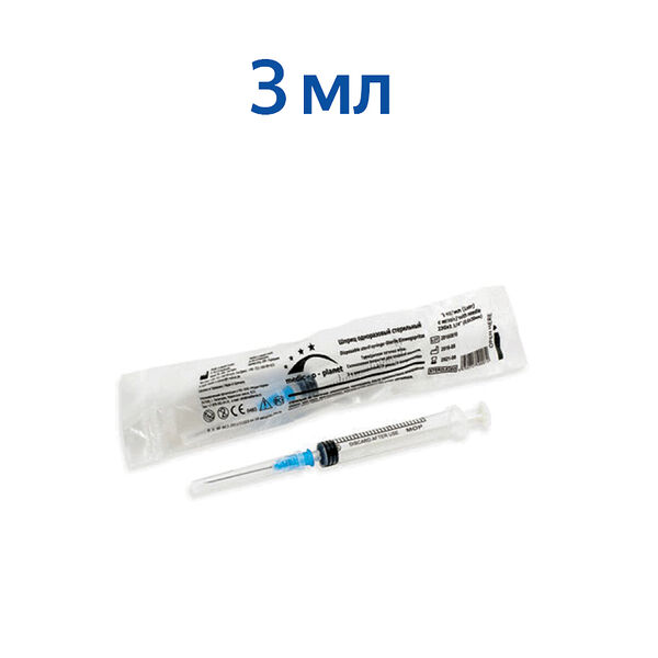 Шприц Medic-o-planet 3 мл 0.6 х 30 мм одноразовый 3-компонентный с иглой 23 G