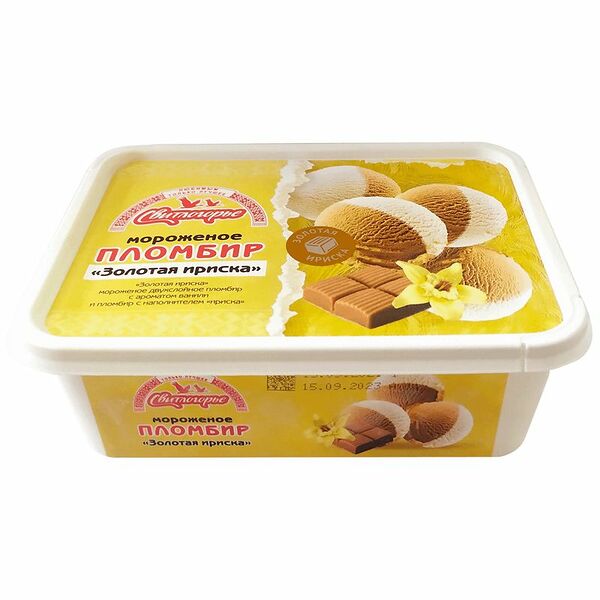 Пломбир Свитлогорье Золотая ириска двухслойный с ароматом ванили и наполнителем ириска 15%, 500г