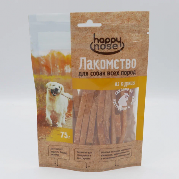 Лакомство HAPPY NOSE для собак соломка из куриной грудки, 75г