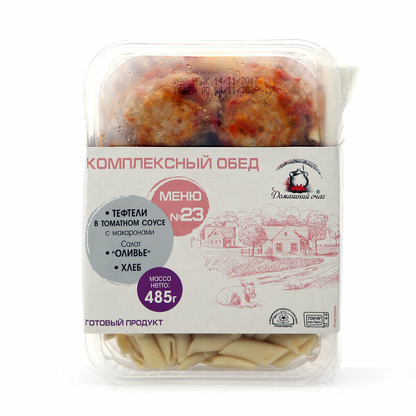 Комплексный обед №23: тефтели в томатном соусе с макаронами, салат оливье ТМ Домашний очаг