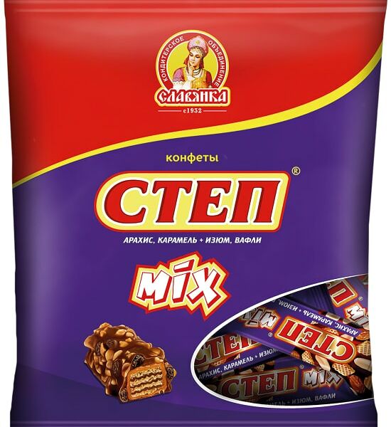 Конфеты Степ Mix вафельные с изюмом арахисом и карамелью 200г
