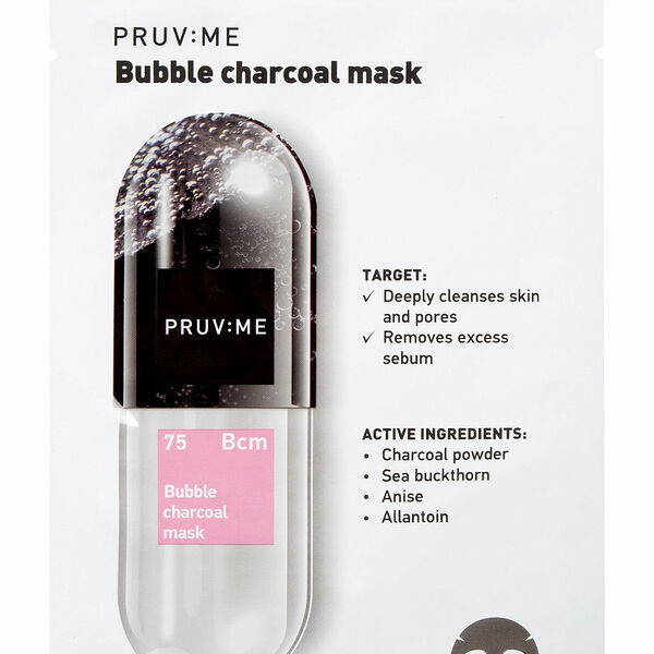 Маска для лица тканевая пузырьковая PRUV:ME Bcm 75 Bubble charcoal mask очищающая с углем, 20 г